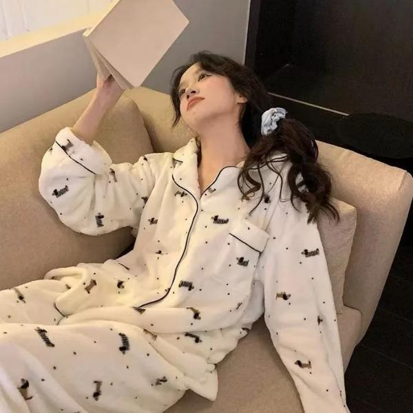 秋冬新作 暖かい レディース パジャマ 上下セット 長袖 長ズボン ツーピース パジャマ ソフト ドット柄 犬プリント ホームウェア 女性用