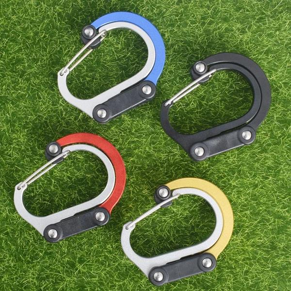 多機能 D 形状カラビナ屋外キャンプクリップアルミハンガー 20 キロ耐荷重バックパックバックル屋外サバイバルツール 特徴: 回転式折りたたみフック付きカラビナにはゴム製の先端が付いており、どこにでも