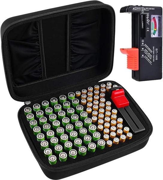 ハードバッテリーオーガナイザー収納ボックスキャリングケースホルダー-96個のaaaバッテリーを収納-バッテリーテスターBT-168Dを含むパッケージ 軽量で非常に頑丈な高品質のEVA素材。 防水性と耐
