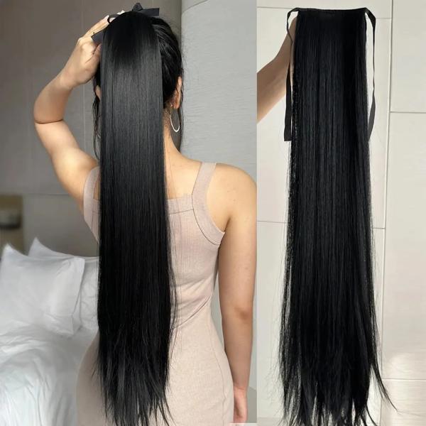 ポニーテールエクステンション品質: ストレートヘアポニーテールヘアエクステンション、32 インチ、130 グラム/パック。ナチュラルなブラックカラー。ポニーテール ヘアエクステンション 合成ヘアピース