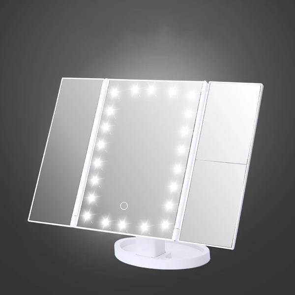 三つ折り照明付きバニティミラー タッチスクリーン付き 化粧鏡 22 LEDライト 2X 3X 拡大拡大鏡 バニティミラー 使いやすい：USBケーブルで充電したり、乾電池を入れて使用したりできます。 [