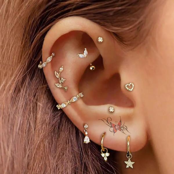 女性用ピアス,1ピース,ヘリックス耳珠,パールチェーン,ドロップ,ハート,スターリーフ,軟骨,クリップ,ジュエリー 多機能: セプタムピアスジュエリー、ダイスピニングジュエリー、ルークイヤリング、巻き