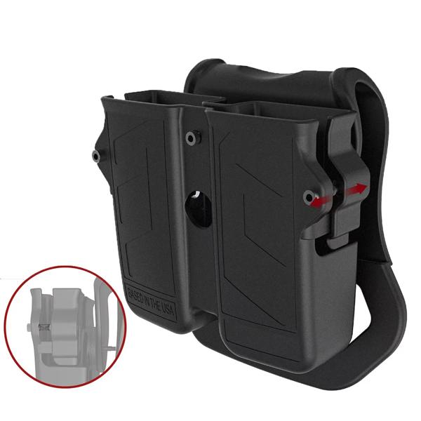 【商品詳細 [ユニバーサルマグポーチ]: このダブルマガジンホルスターは、9mm 10mm.40.45口径マガジンシングルまたはダブルスタックマガジンに適合します。(注: Glock 21.45 マガ