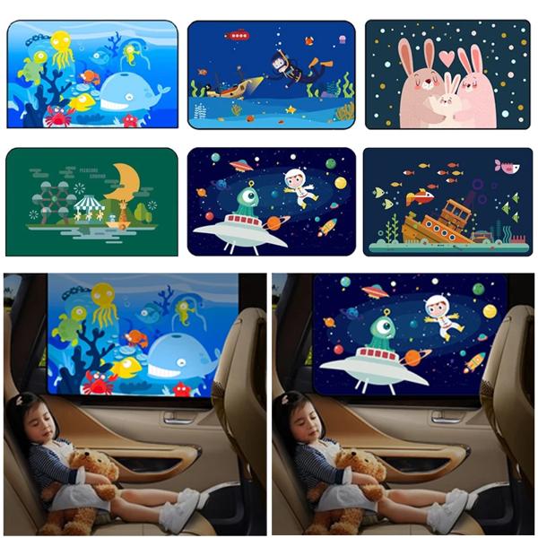 磁気 UV 保護カーテンサイドウィンドウサンシェードカバーユニバーサル車のサンシェードカバー赤ちゃん子供かわいい漫画カースタイリング 説明: * 調整可能で、ドライブを妨げません。 ※嫌な臭いもなく、