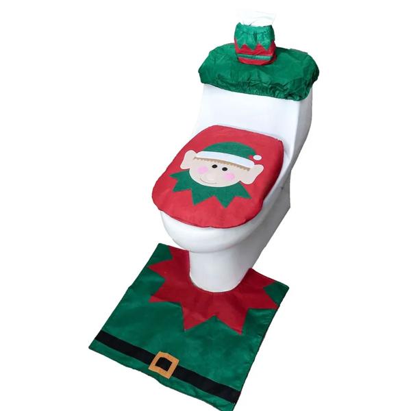 3-エルフのクリスマス便座カバーセット,バスルームマット,新年の装飾,家庭用品,休日,ピース/セット 仕様 材料:不織布 + フリース生地 色: 緑 サイズ: 水タンクカバー長さ: 38cm、幅: 1