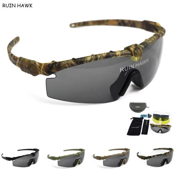 4レンズ軍用ゴーグル屋外UV保護スポーツハンティングサングラスエアソフト偏光アイウェアミリタリーハイキング戦術メガネ ポリカーボネートフレーム 取り外し可能な黒いノーズケアデバイス (取り外し可能なシ