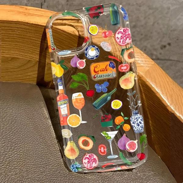IPhone用の透明なフルーツジュースとフラワーパターンの電話ケース,衝撃吸収カバー,i Phone 16 14 11 12 13 15 pro max 7 8 plus x xs xr
