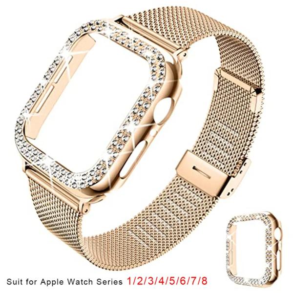 Apple Watch用ストラップとケース,40mm,41mm,44mm,45mm,38mm,42mm,iwatchシリーズ3,4,5,6,se,7,8 ダイヤモンドケースとiwatch用メタルストラ